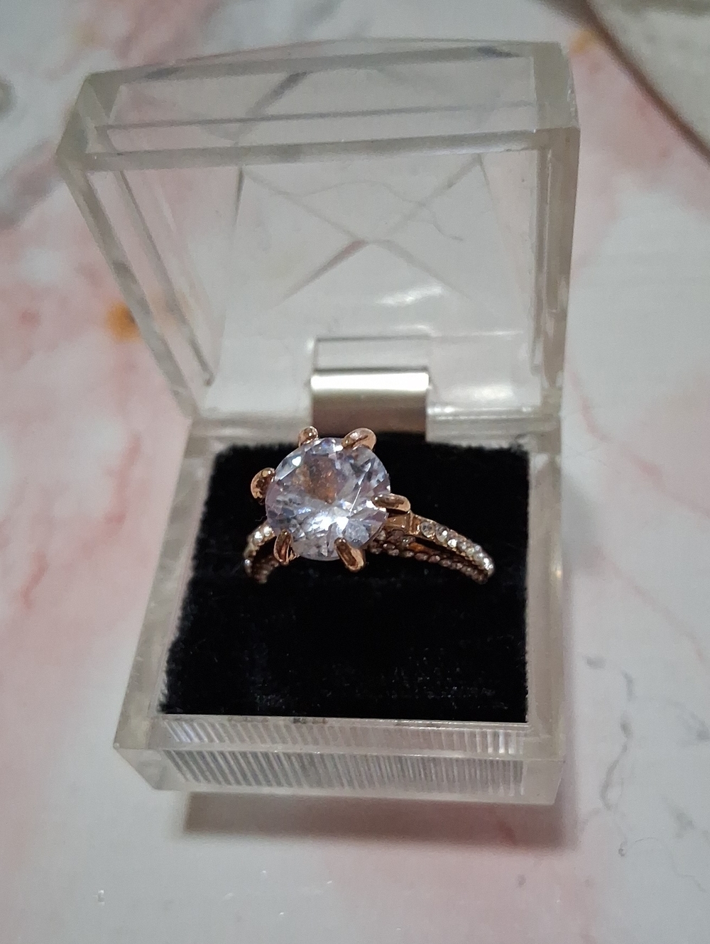 Source Unknown Rose Gold Round Crystal Solitaire Ring with Pavé Band